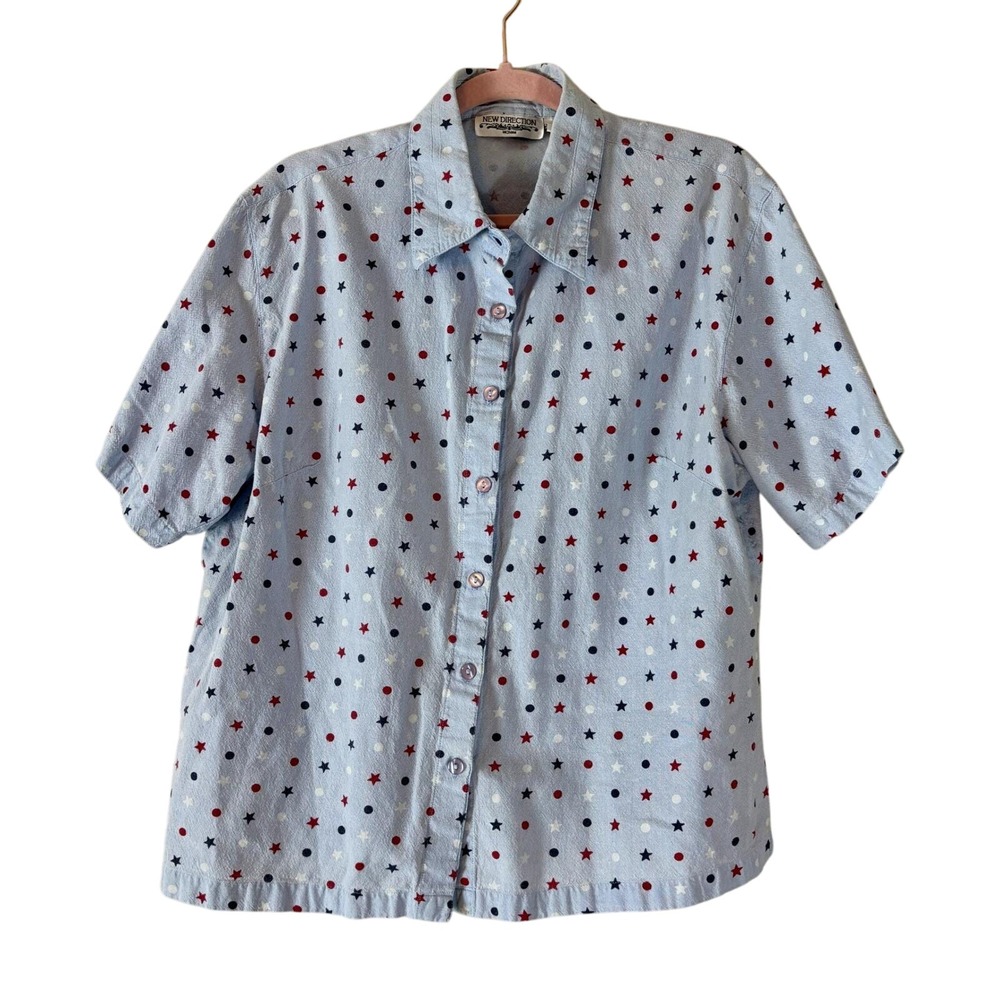 New Direction Patriotic Button Down Top Stars‎ Dots Women's 2X Red White Blue